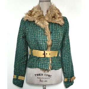 Vintage Y2k Faux Fur Belted Blue Green Gold Tweed Jacket Blazer size S